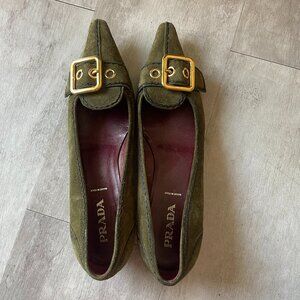 Prada Green Suede Gold Buckle Kitten Heel Mules.